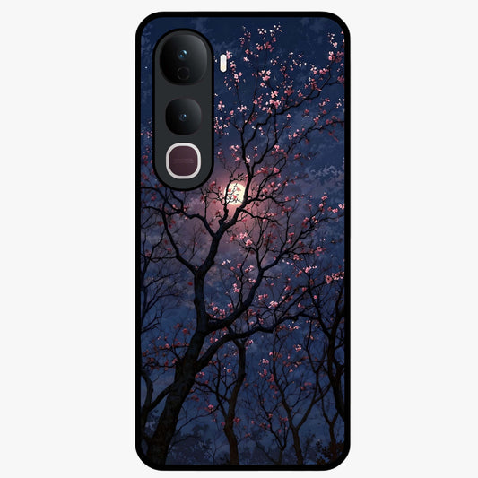 Twilight Sakura Serenade Glass Case showing flat back view with cherry blossom artwork at twilight and glossy glass finish.