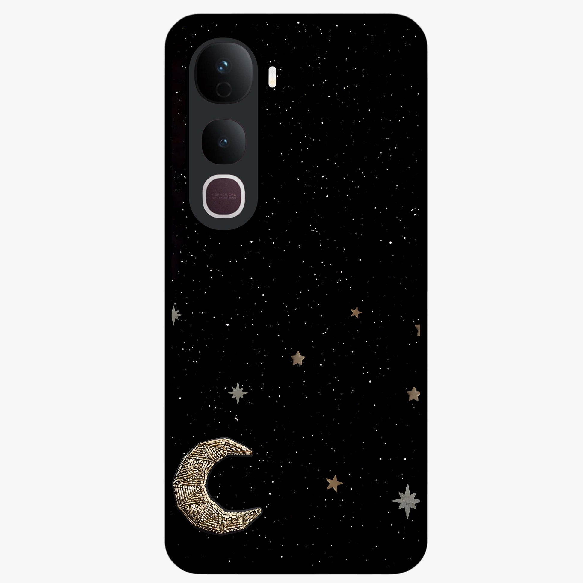 Twinkle Star With Half Moon Glass Case showing flat back view with star and half moon artwork and glossy glass finish.