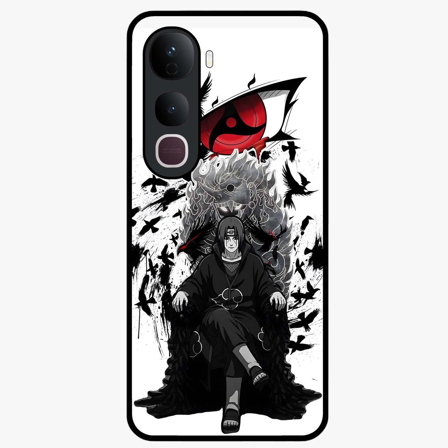 Uchiha Shadow Throne Glass Case showing flat back view with cosmic underwater themed artwork and glossy glass finish.