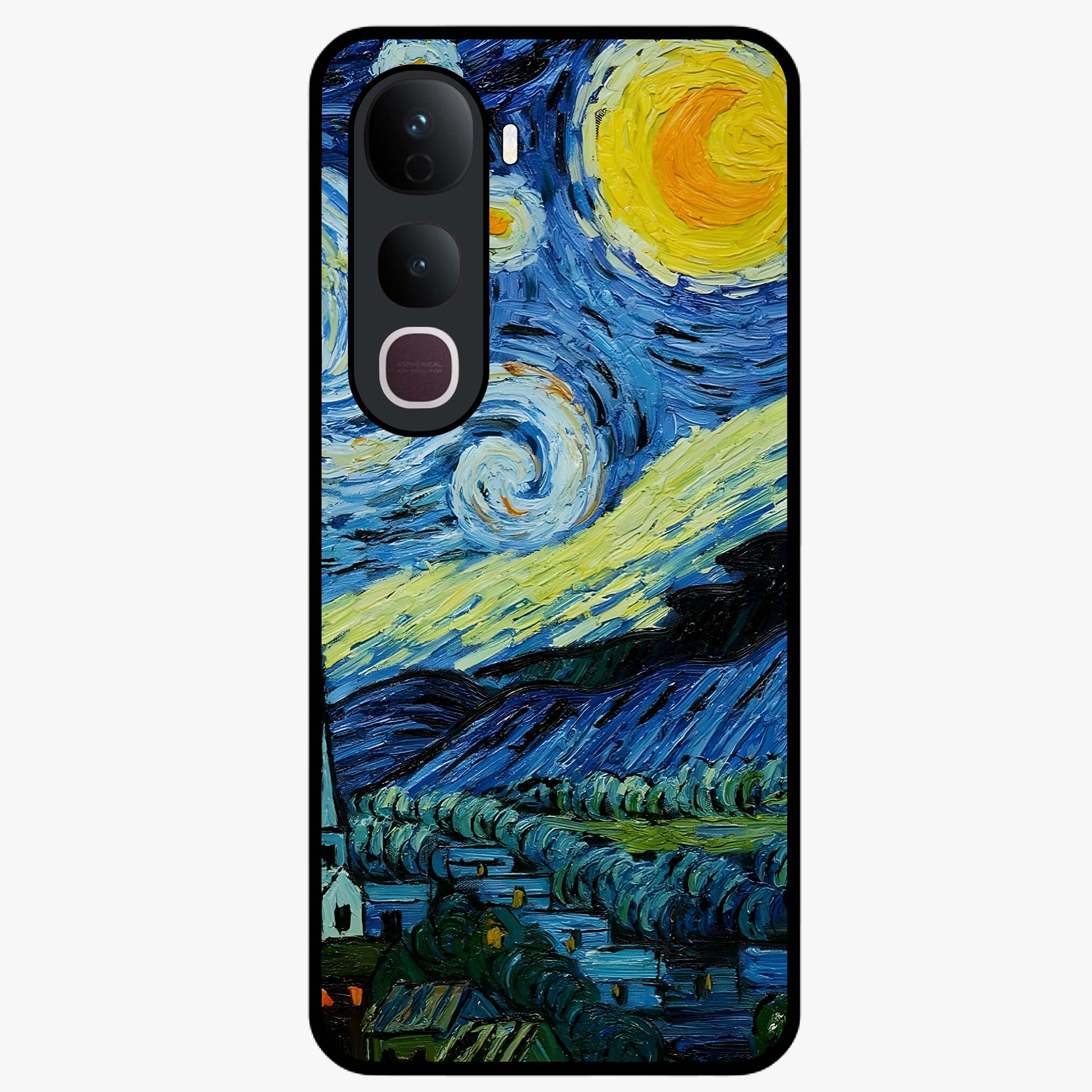 Van Gogh Art Glass Case showing flat back view with classic painterly artwork inspired by Van Gogh style and glossy glass finish.