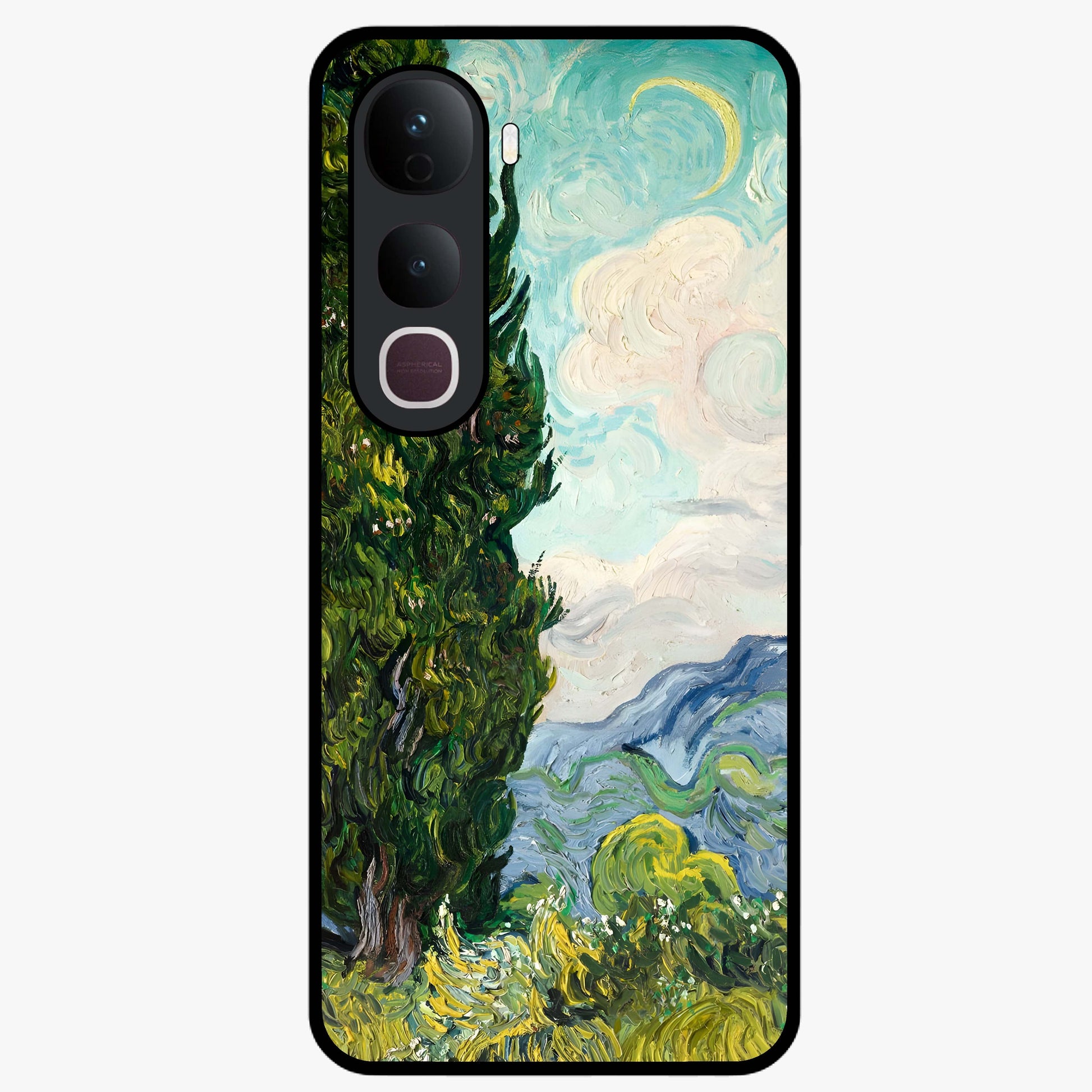 Van Gogh Vintage Art Glass Case showing flat back view with vintage painterly artwork inspired by Van Gogh style and glossy glass finish.