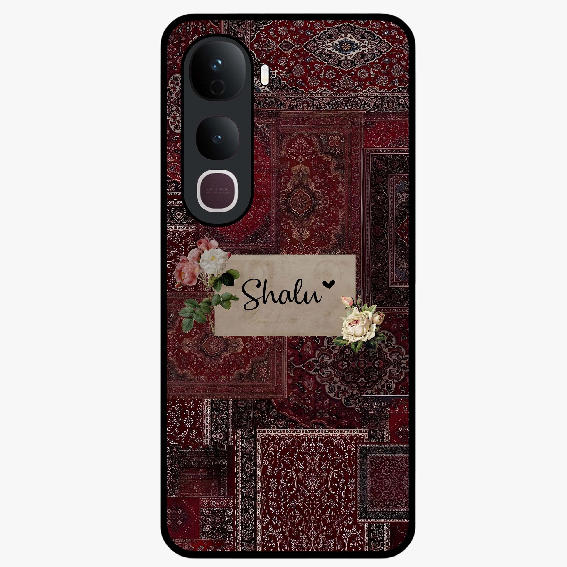 Velvet Wine Pattern Custom Name Glass Case showing flat back view with elegant wine colored pattern artwork and personalized name design.