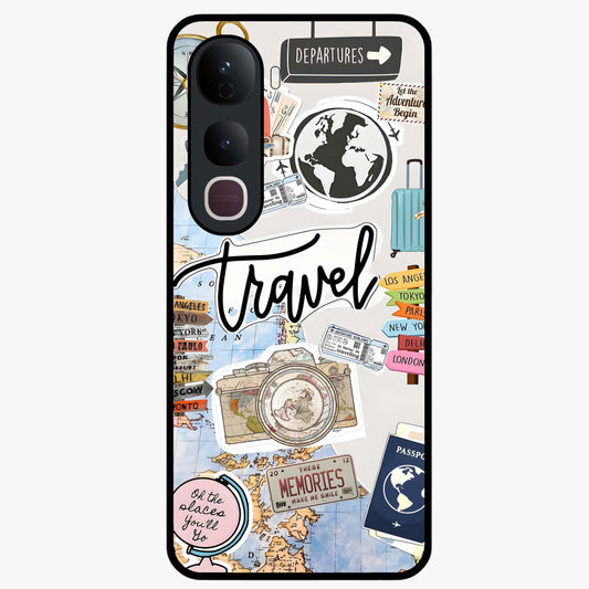 Wanderlust Journal Glass Case showing flat back view with travel inspired artwork and glossy glass finish.