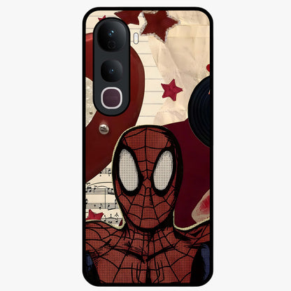 Web Warrior Vibes Glass Case showing flat back view with superhero inspired web themed artwork and glossy glass finish.