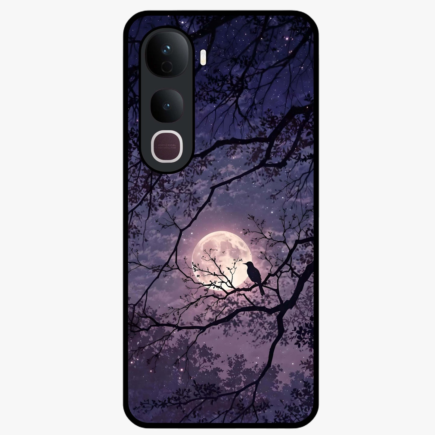 Whispering Moon Silence Glass Case showing flat back view with serene moon themed artwork and glossy glass finish.