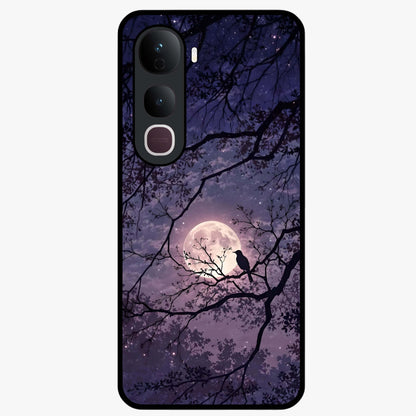 Whispering Moon Silence Glass Case showing flat back view with serene moon themed artwork and glossy glass finish.