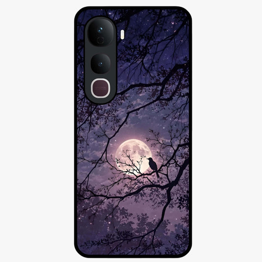 Whispering Moon Silence Glass Case showing flat back view with serene moon themed artwork and glossy glass finish.