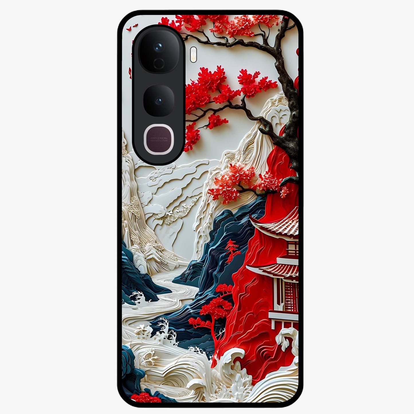 Whispers Of Sakura Waves Glass Case showing flat back view with cherry blossom wave artwork and glossy glass finish.