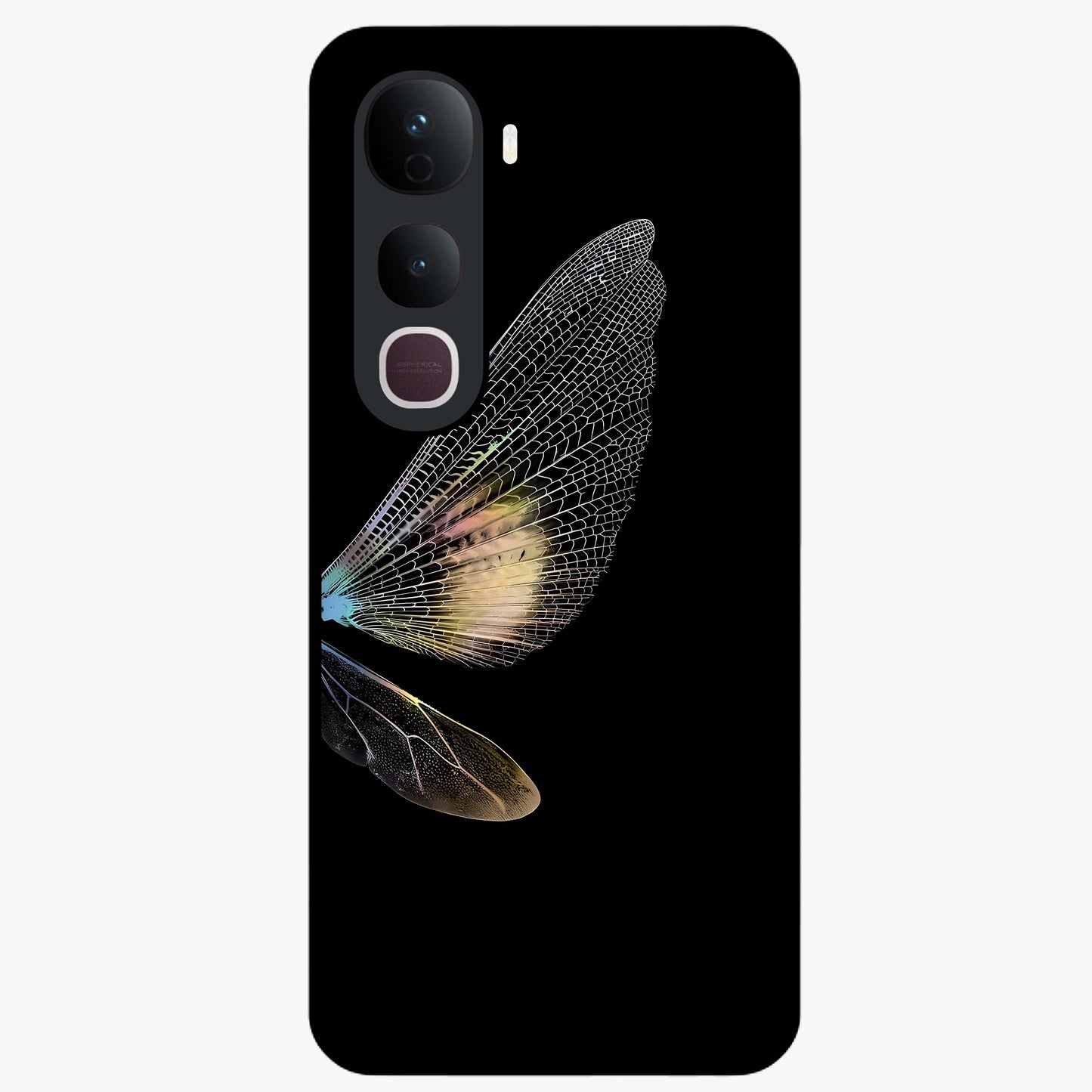 Whispers Of Wings Glass Case showing flat back view with graceful wing inspired artwork and glossy glass finish.