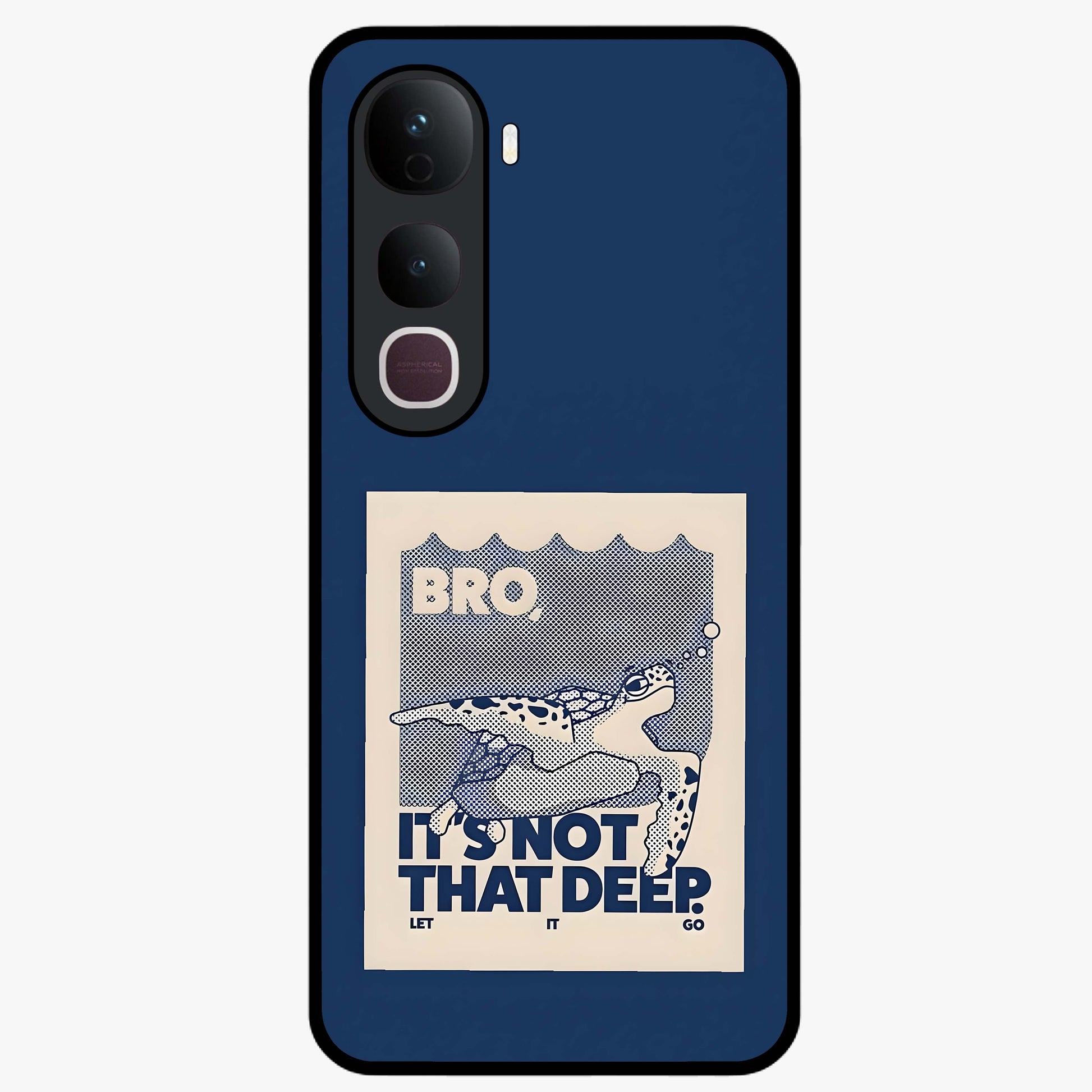 Worry Less Swim Glass Case showing flat back view with playful motivational artwork and glossy glass finish.