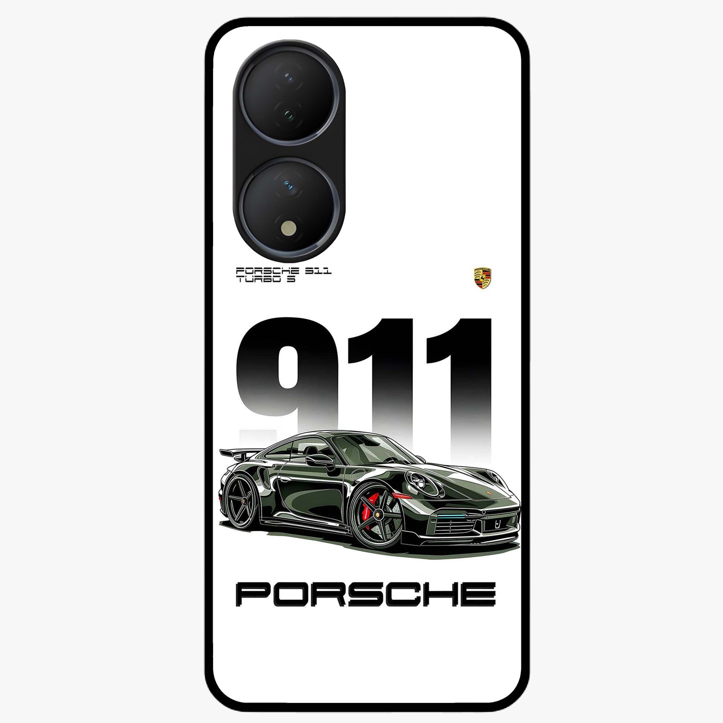 911 Turbo Dominance Glass Case showing clean flat back view with bold 911 sports car artwork and glossy glass finish.