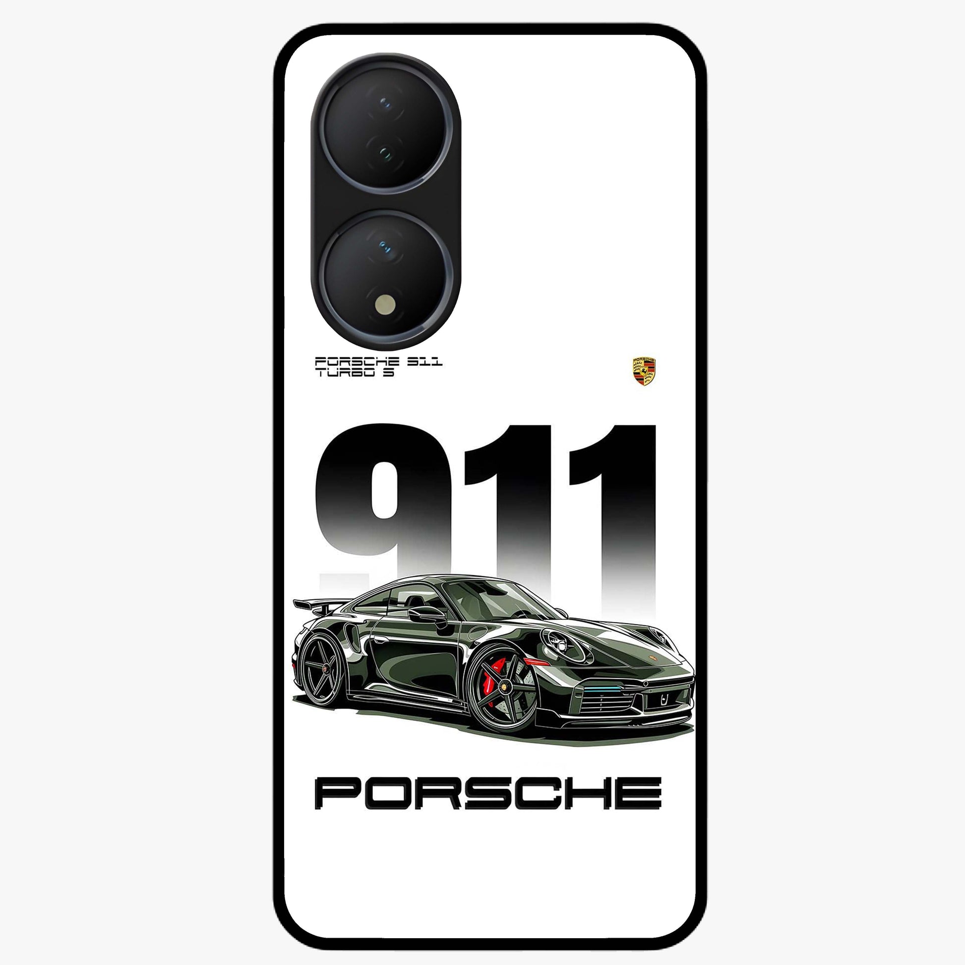911 Turbo Dominance Glass Case showing clean flat back view with bold 911 sports car artwork and glossy glass finish.