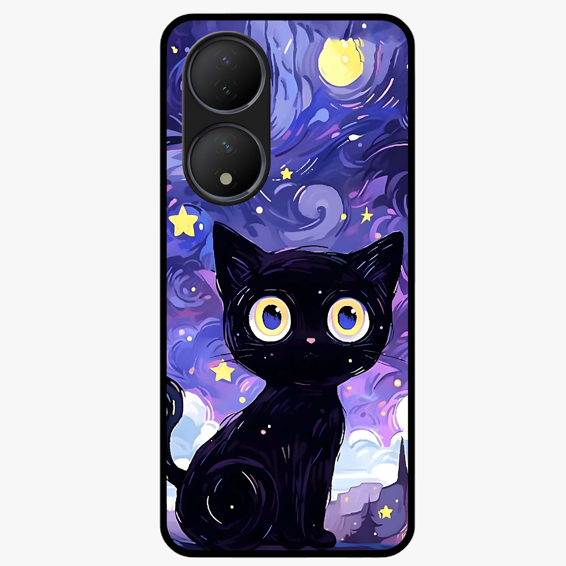 Abstract Cat Art Glass Case showing flat back view with artistic cat illustration and glossy glass finish.