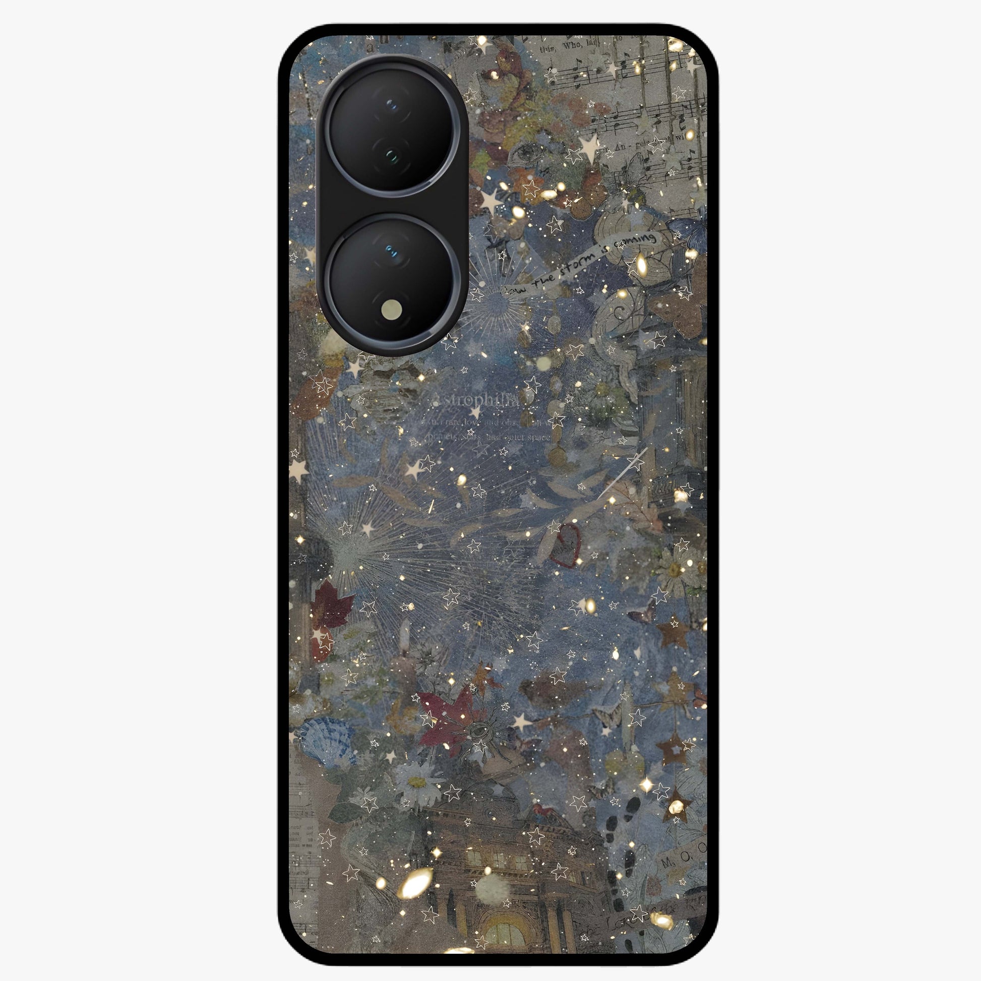 Aesthetic Astrolophia Glass Case showing flat back view with dreamy aesthetic design and glossy glass finish.