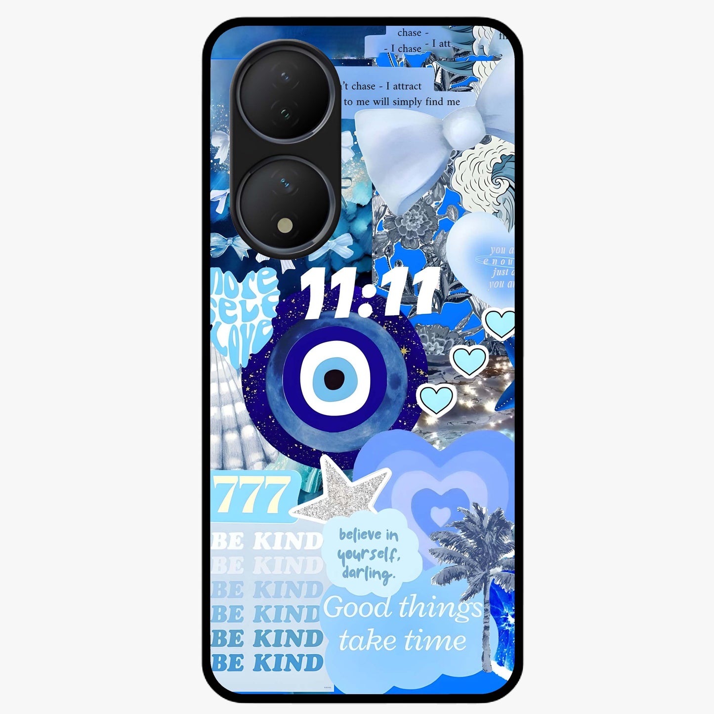 Aesthetic Be Kind Eye Glass Case showing flat back view with motivational eye artwork and glossy glass finish.