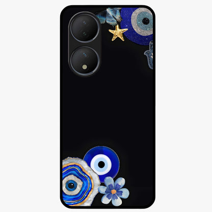 Aesthetic Blue Evil Eye Glass Case showing flat back view with protective evil eye artwork and glossy glass finish.