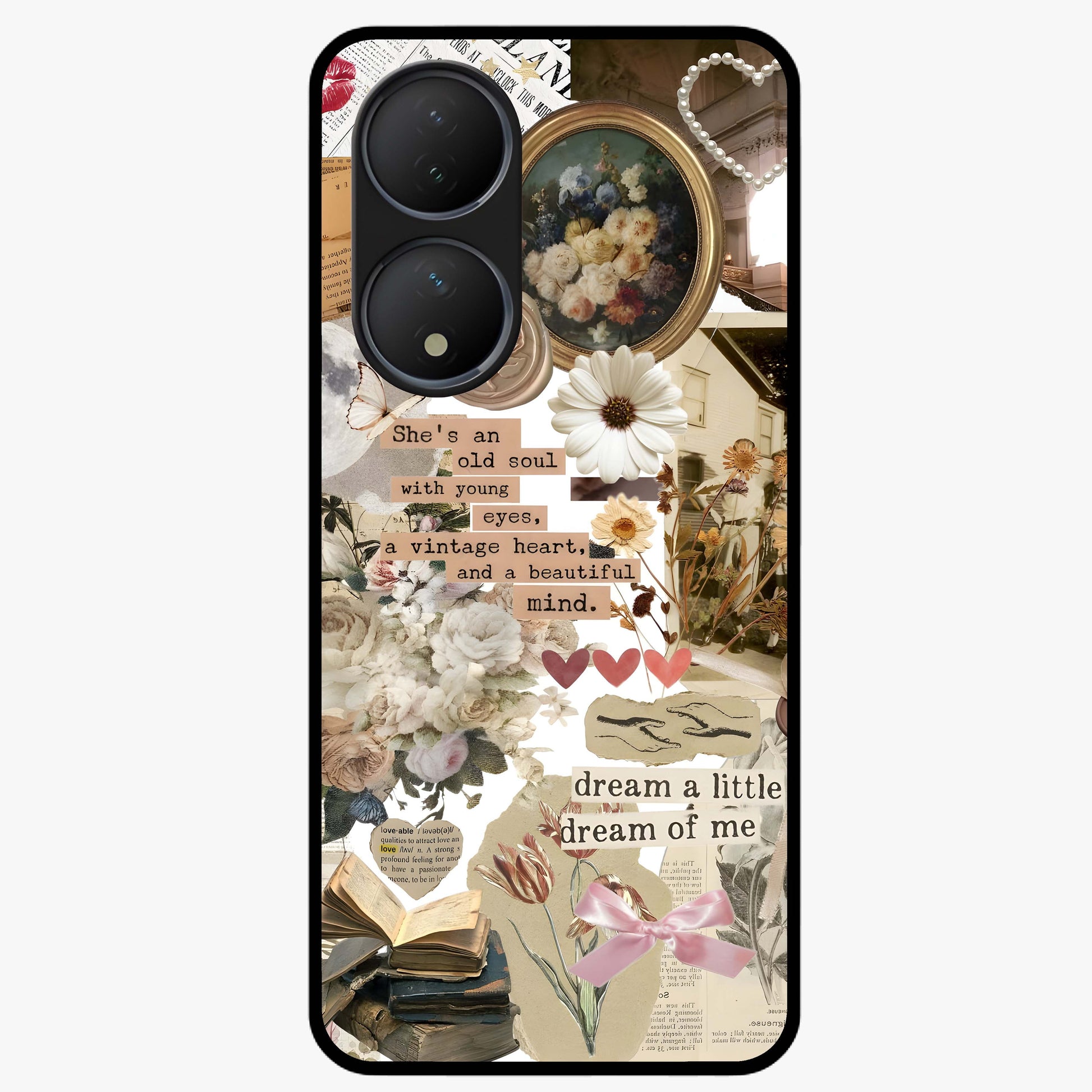 Aesthetic Brown Vintage Collage Glass Case showing flat back view with retro collage artwork and glossy glass finish.