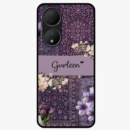 Antique Floral Whisper Custom Name Glass Case showing flat back view with vintage floral artwork and personalized name design.