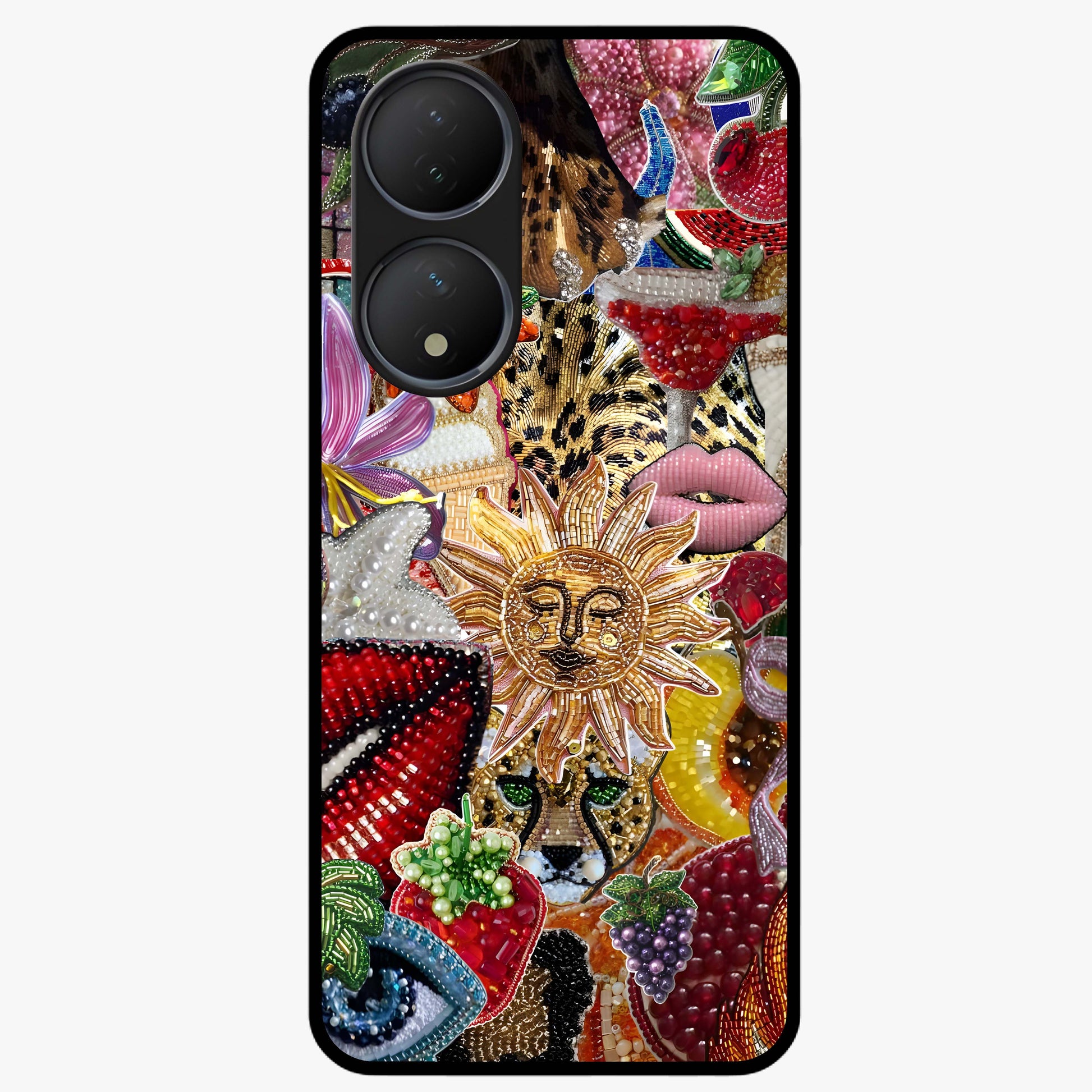 Beaded Fashion Jungle Glass Case showing flat back view with vibrant jungle inspired bead artwork and glossy glass finish.