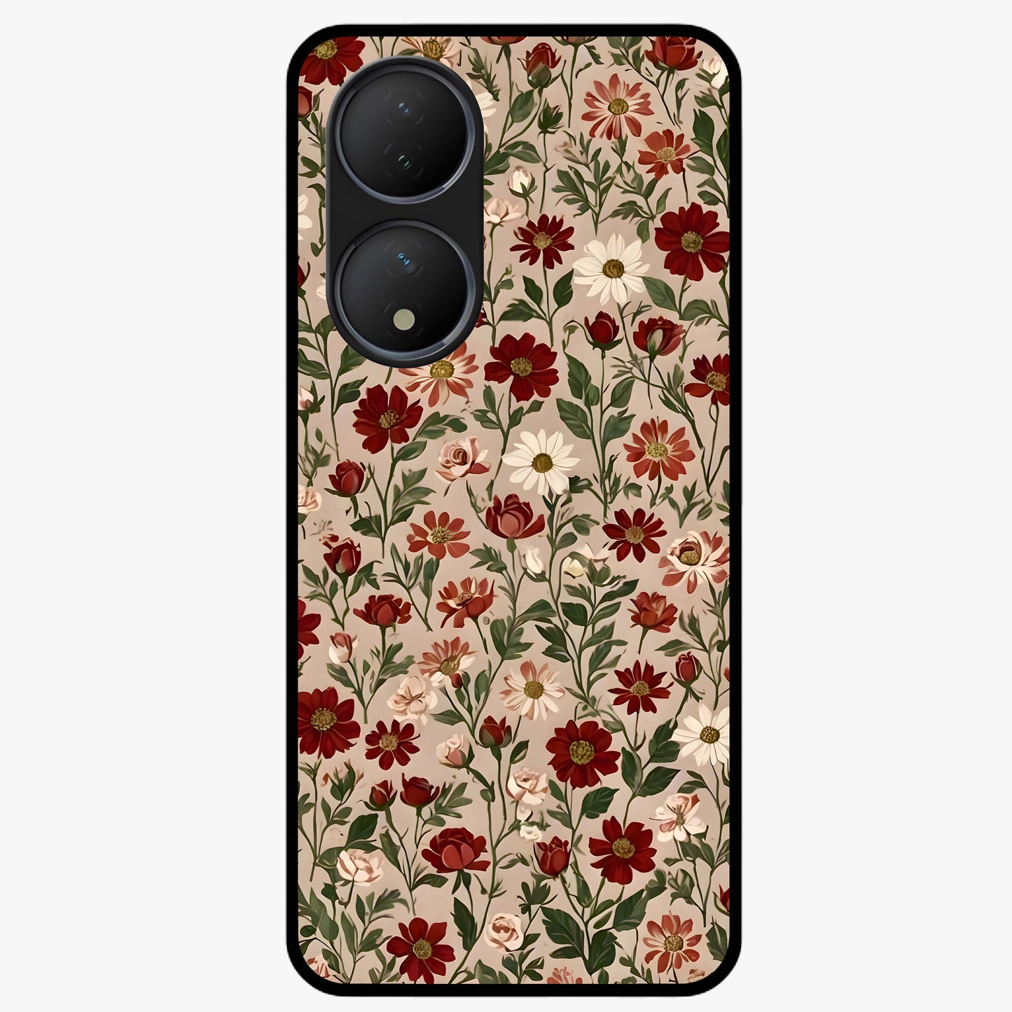 Biege Flower With Leaf Glass Case showing flat back view with soft beige floral artwork and glossy glass finish.