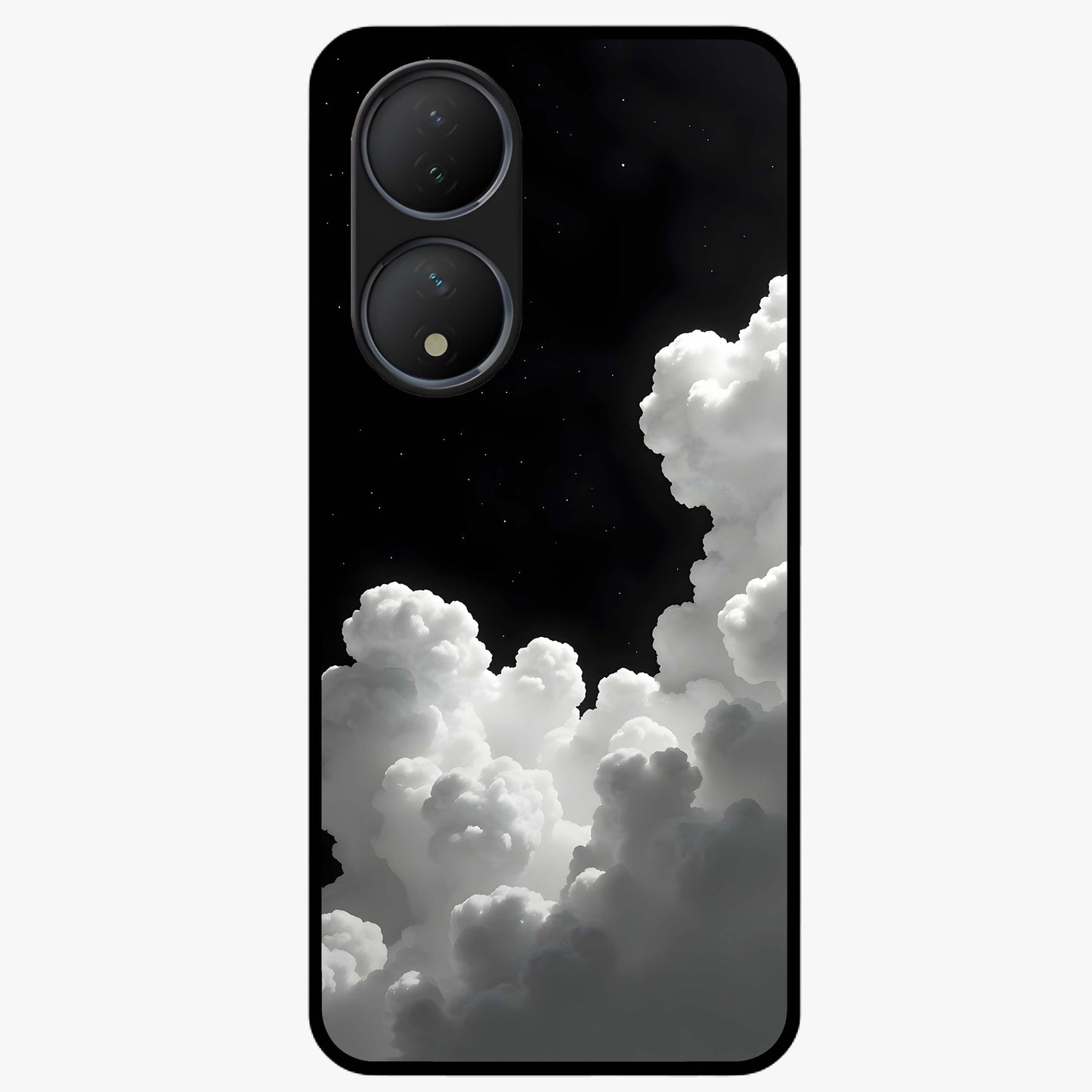 Black Background With White Cloud Glass Case showing flat back view with minimal cloud artwork on dark background and glossy glass finish.