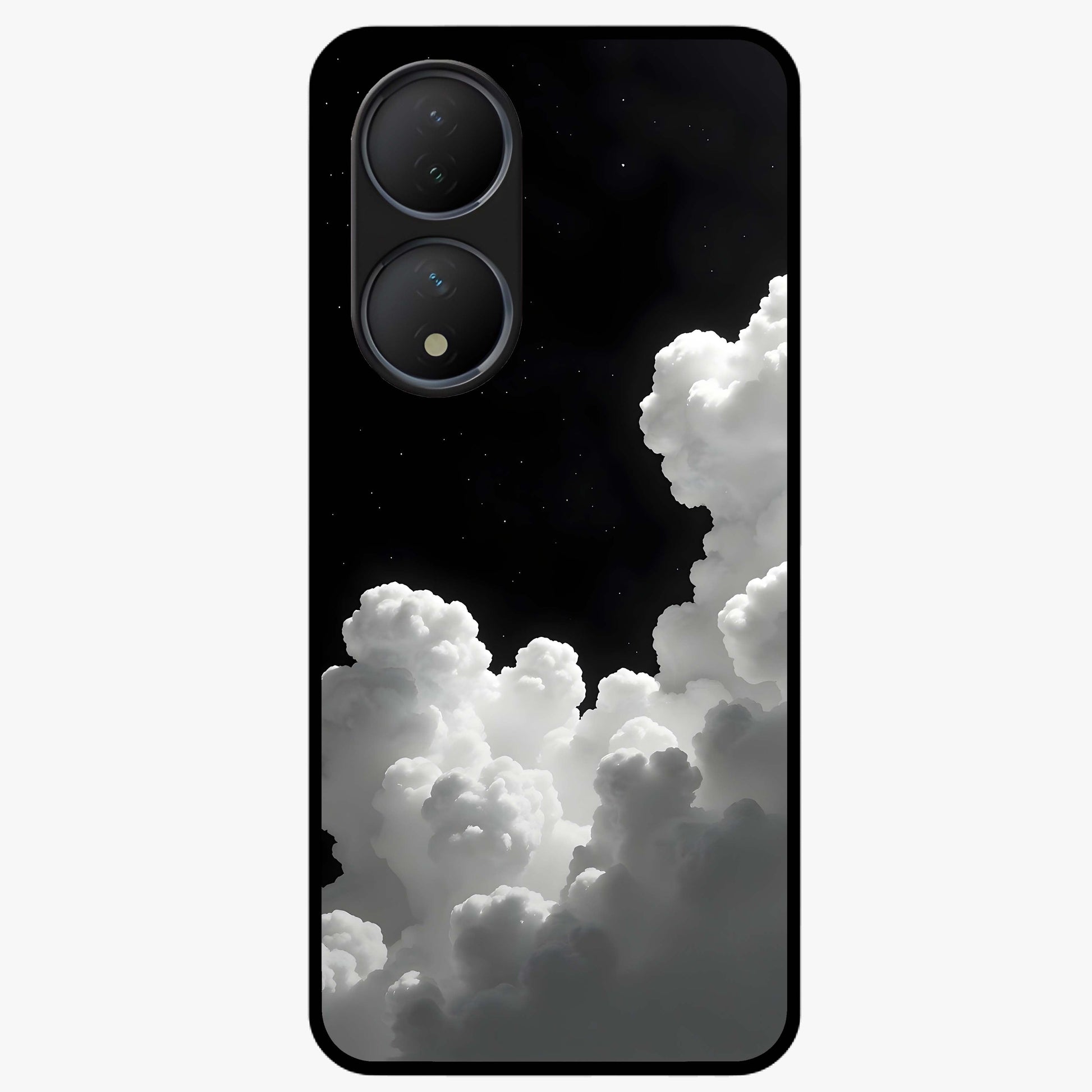 Black Background With White Cloud Glass Case showing flat back view with minimal cloud artwork on dark background and glossy glass finish.