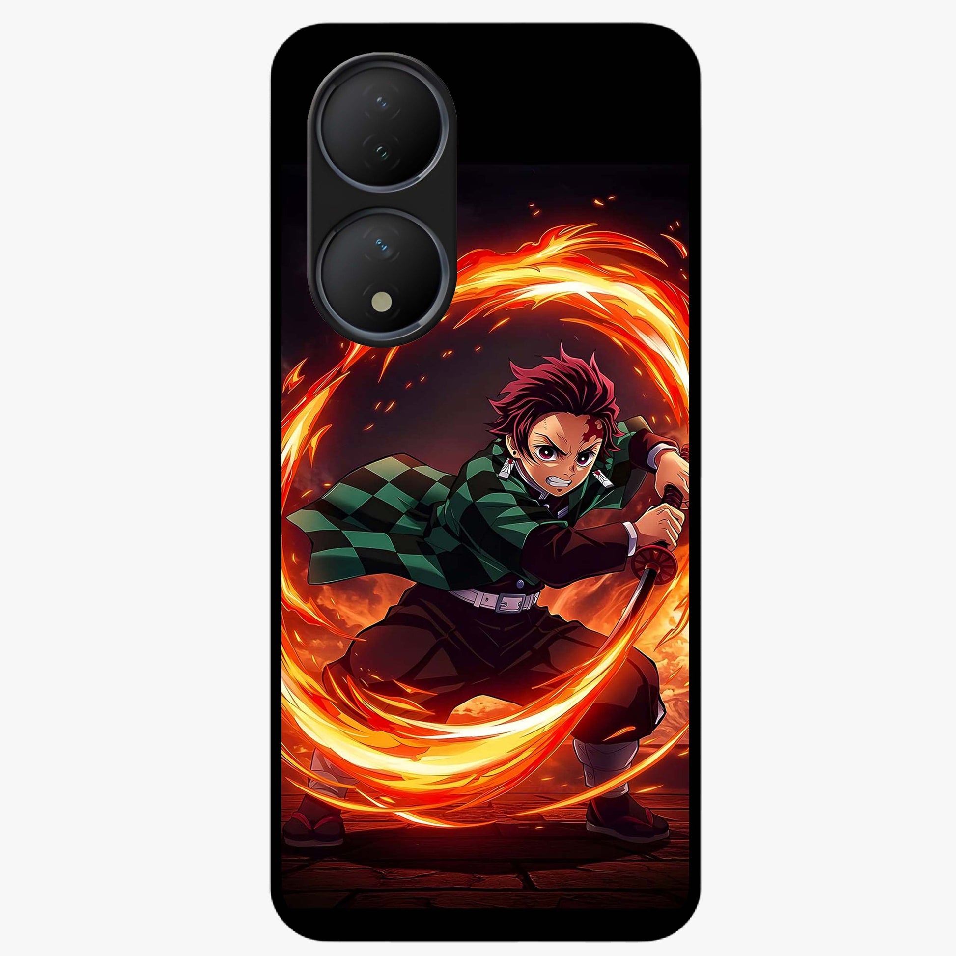 Blazing Sword Resolve Glass Case showing flat back view with fiery sword artwork and glossy glass finish.