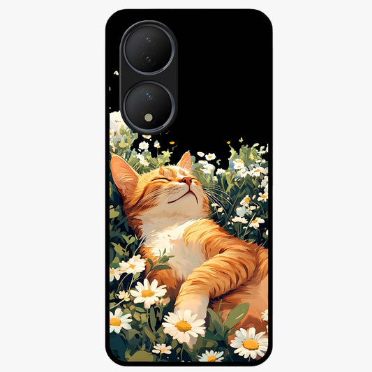 Blissful Bloom Cat Glass Case showing flat back view with cute cat and floral bloom artwork and glossy glass finish.
