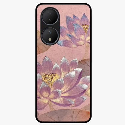 Blossom Mist Lotus Glass Case showing flat back view with serene lotus blossom artwork and glossy glass finish.