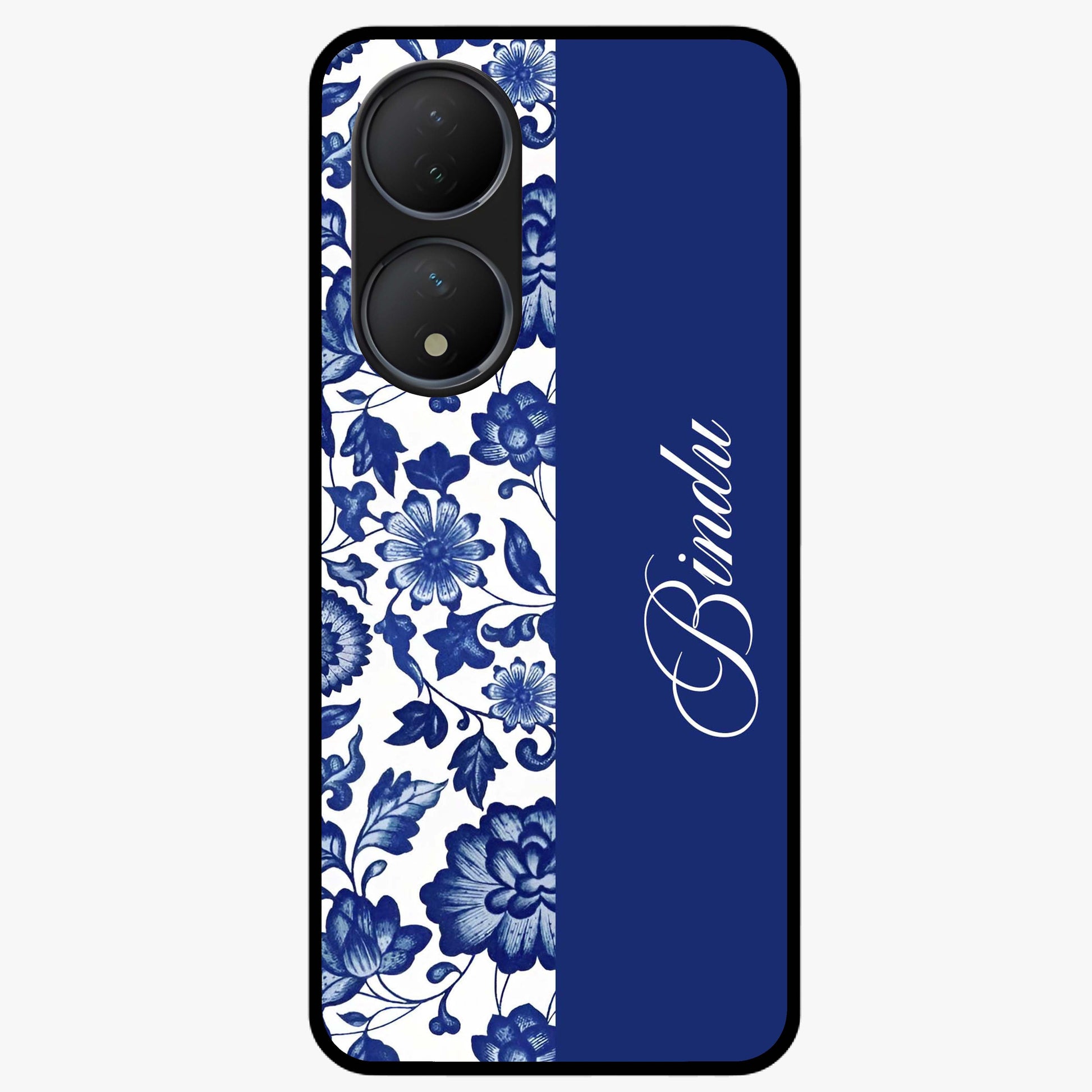 Blue Vintage Floral Pattern Glass Case upright view showcasing timeless floral illustration with vintage inspired style.