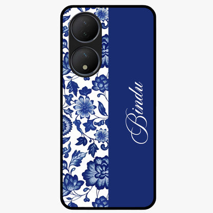 Blue Vintage Floral Pattern Glass Case upright view showcasing timeless floral illustration with vintage inspired style.