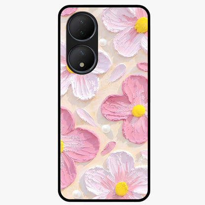 Blush Bloom Texture Glass Case showing flat back view with soft blush floral texture artwork and glossy glass finish.