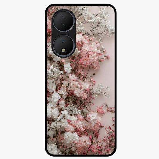 Blush Blossom Cloud Glass Case showing flat back view with dreamy blush cloud blossom artwork and glossy glass finish.