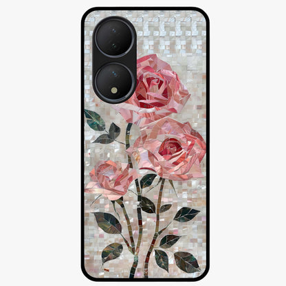 Blush Mosaic Bloom Glass Case showing flat back view with mosaic floral bloom artwork and glossy glass finish.