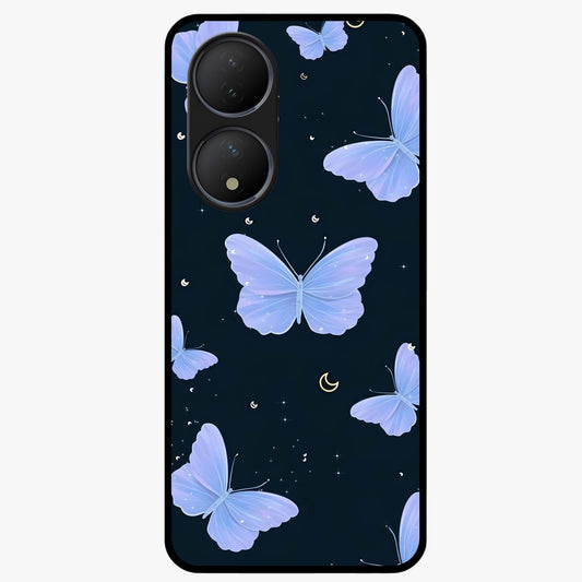 Butterfly With Stars Pattern Glass Case showing flat back view with butterfly and star pattern artwork and glossy glass finish.