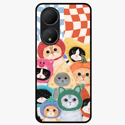 Cats in Fruits Glass Case showing flat back view with playful cat illustrations inside fruit artwork and glossy glass finish.