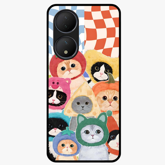 Cats in Fruits Glass Case showing flat back view with playful cat illustrations inside fruit artwork and glossy glass finish.