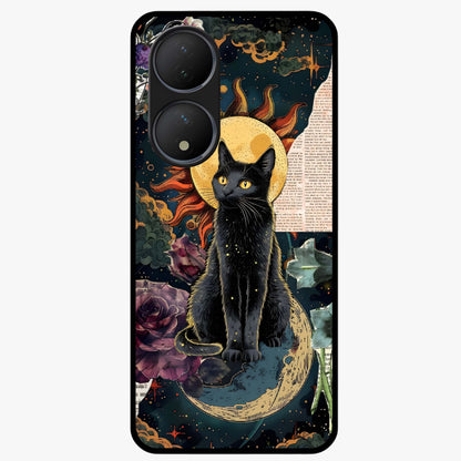 Celestial Black Cat Glass Case showing flat back view with mystical black cat artwork and glossy glass finish.
