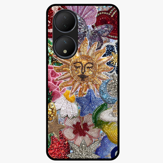 Celestial Floral and Playful Glass Case showing flat back view with floral and celestial themed artwork and glossy glass finish.