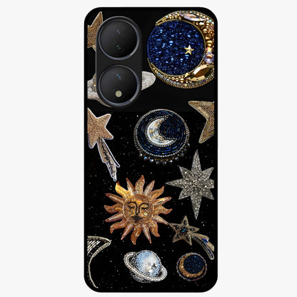 Celestial Gem Constellations Glass Case showing flat back view with sparkling constellation artwork and glossy glass finish.