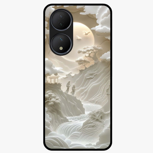 Celestial Origami Glass Case showing flat back view with artistic origami inspired celestial artwork and glossy glass finish.