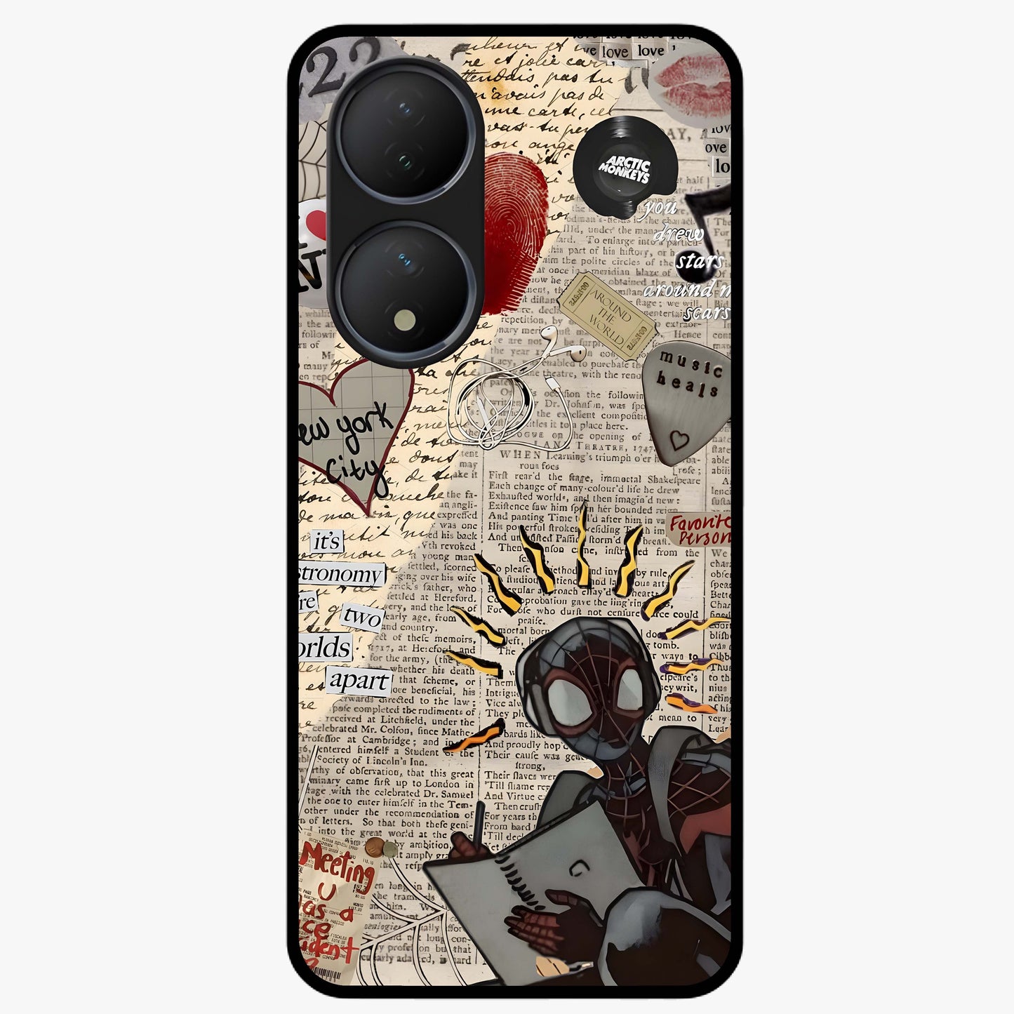 City Dream Sketch Glass Case showing flat back view with artistic city skyline sketch artwork and glossy glass finish.