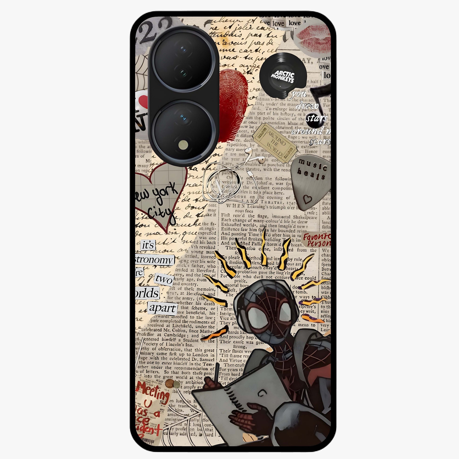City Dream Sketch Glass Case showing flat back view with artistic city skyline sketch artwork and glossy glass finish.