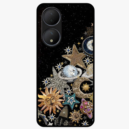 Cosmic Sparkle Dreams Glass Case showing flat back view with sparkling cosmic artwork and glossy glass finish.
