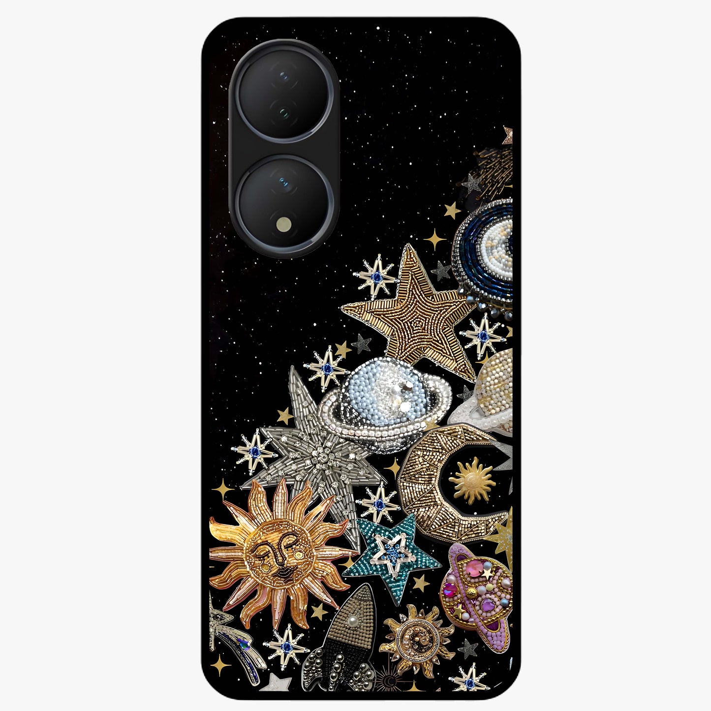 Cosmic Sparkle Dreams Glass Case showing flat back view with sparkling cosmic artwork and glossy glass finish.