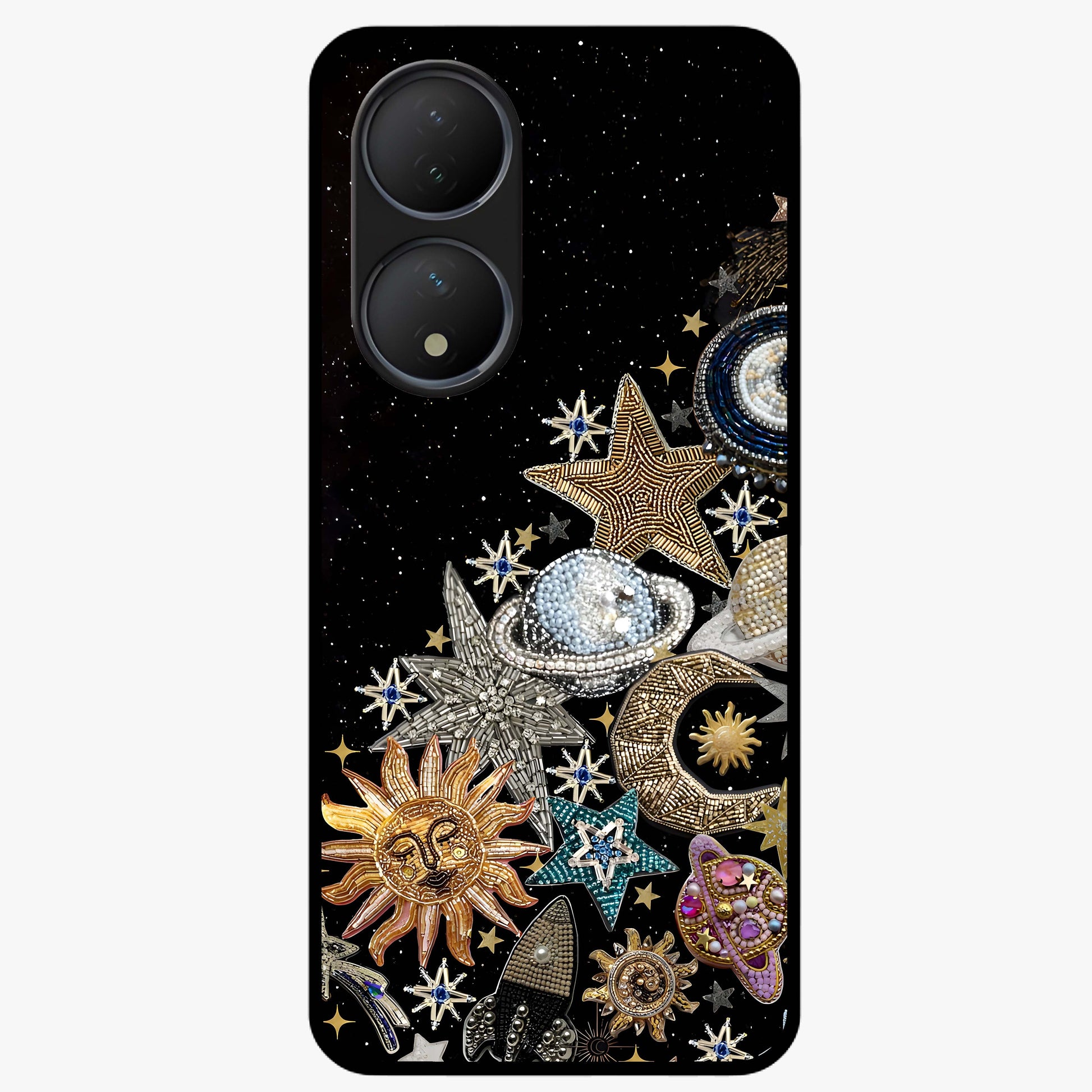 Cosmic Sparkle Dreams Glass Case showing flat back view with sparkling cosmic artwork and glossy glass finish.