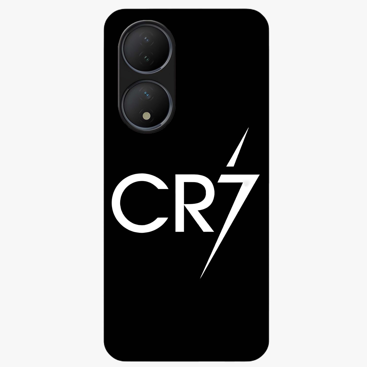 Cr7 Elite Strike Glass Case showing flat back view with dynamic football inspired artwork and glossy glass finish.
