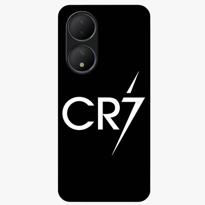 Cr7 Elite Strike Glass Case showing flat back view with dynamic football inspired artwork and glossy glass finish.