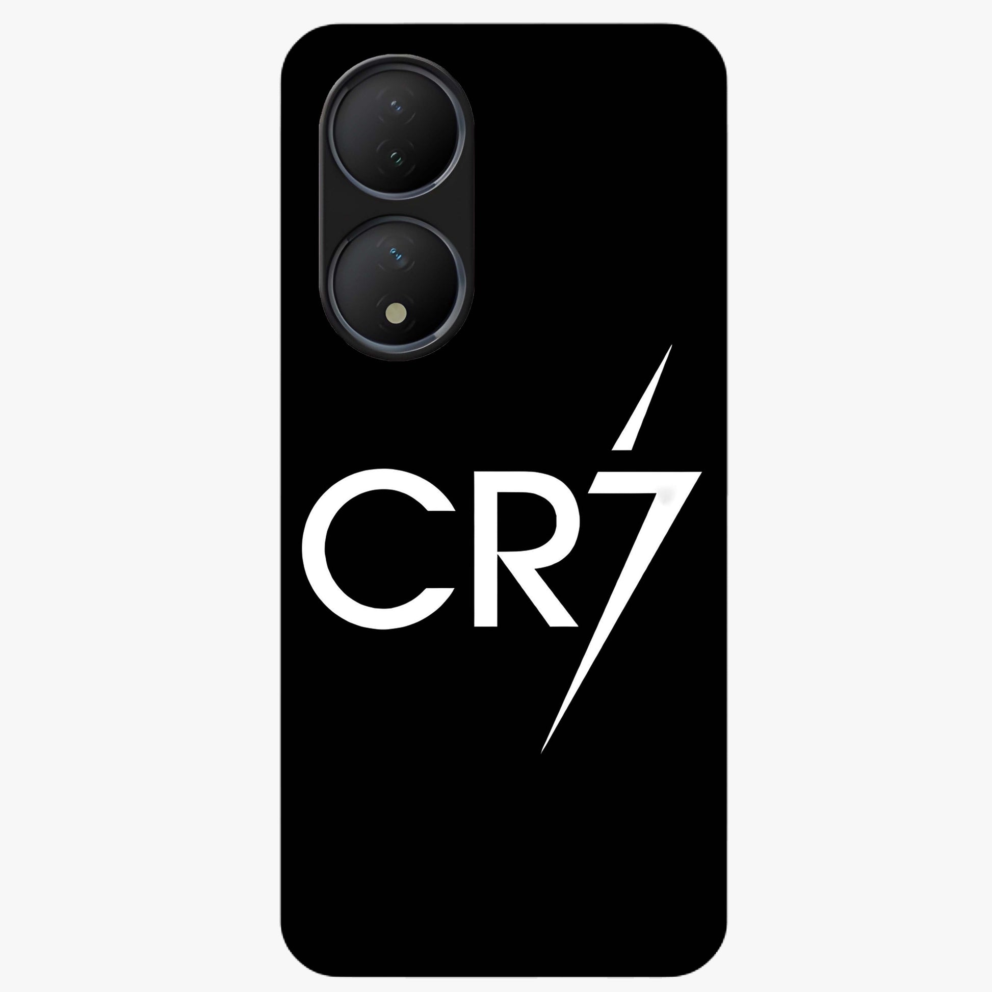Cr7 Elite Strike Glass Case showing flat back view with dynamic football inspired artwork and glossy glass finish.