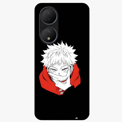 Crimson Chaos Smile Glass Case showing flat back view with bold chaotic smile artwork and glossy glass finish.